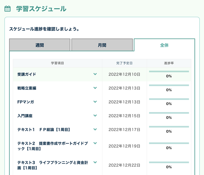 フォーサイトFP講座 スケジュール機能「全体」タブ